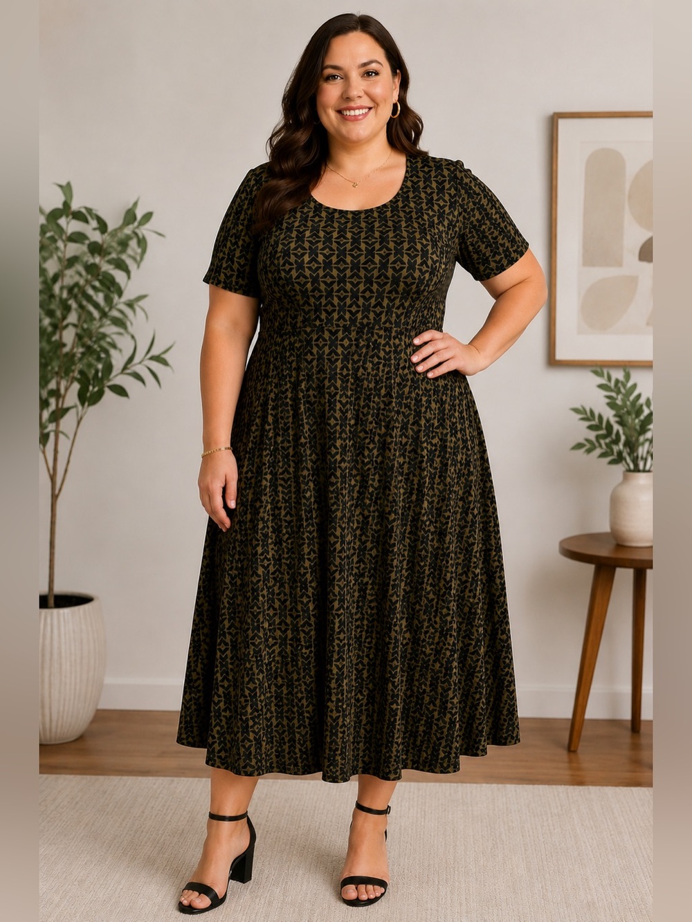 LuLaRoe Nicole Dress 3XL Olive Green Black Geometric Fit & Flare